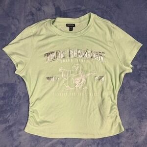 True Religion green baby tee with graphic print. Women Size L